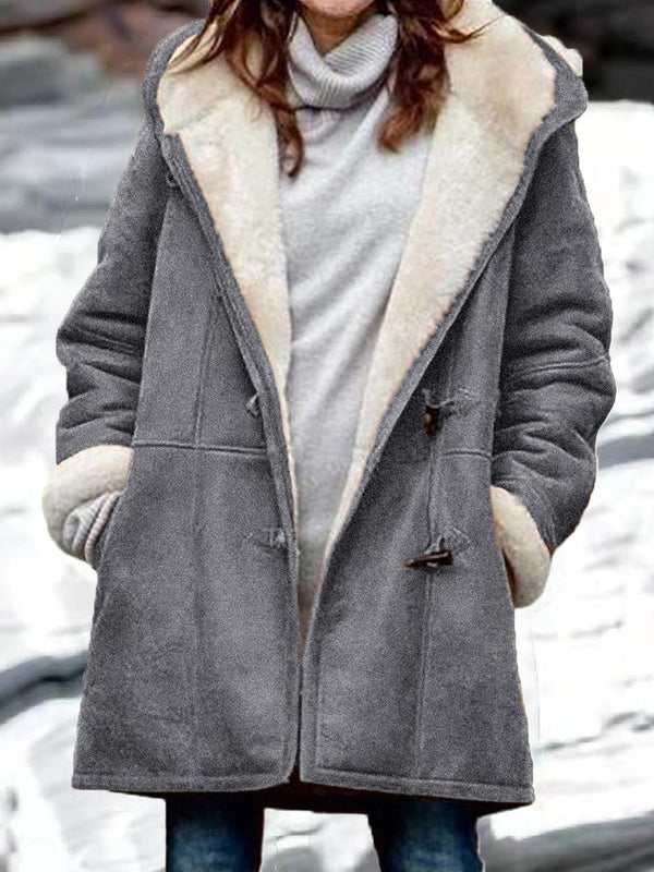 Women's Coats Plush Horn Button Pocket Hooded Long Sleeve Coats - Coats & Jackets - INS | Online Fashion Free Shipping Clothing, Dresses, Tops, Shoes - 27/10/2021 - 40-50 - COA2110271254