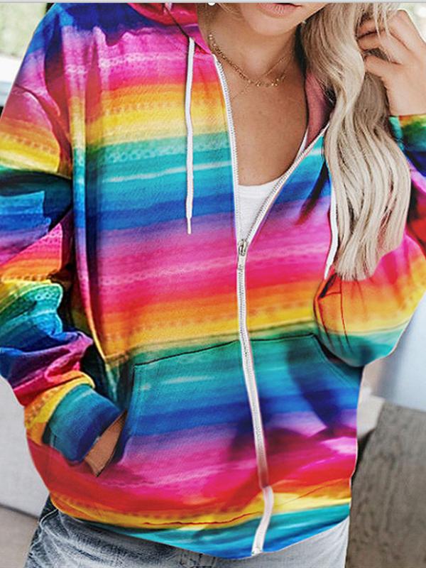 Women's Coats Rainbow Print Slot Pocket Zipper Hooded Coat - Coats & Jackets - INS | Online Fashion Free Shipping Clothing, Dresses, Tops, Shoes - 13/10/2021 - 20-30 - COA2110131214