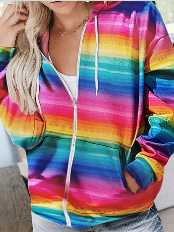 Women's Coats Rainbow Print Slot Pocket Zipper Hooded Coat - Coats & Jackets - INS | Online Fashion Free Shipping Clothing, Dresses, Tops, Shoes - 13/10/2021 - 20-30 - COA2110131214