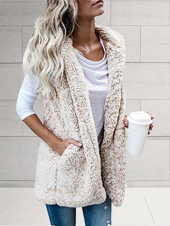 Women's Coats Solid Sleeveless Hooded Pocket Fur Vest - Coats & Jackets - INS | Online Fashion Free Shipping Clothing, Dresses, Tops, Shoes - 10-20 - 29/10/2021 - COA2110291266