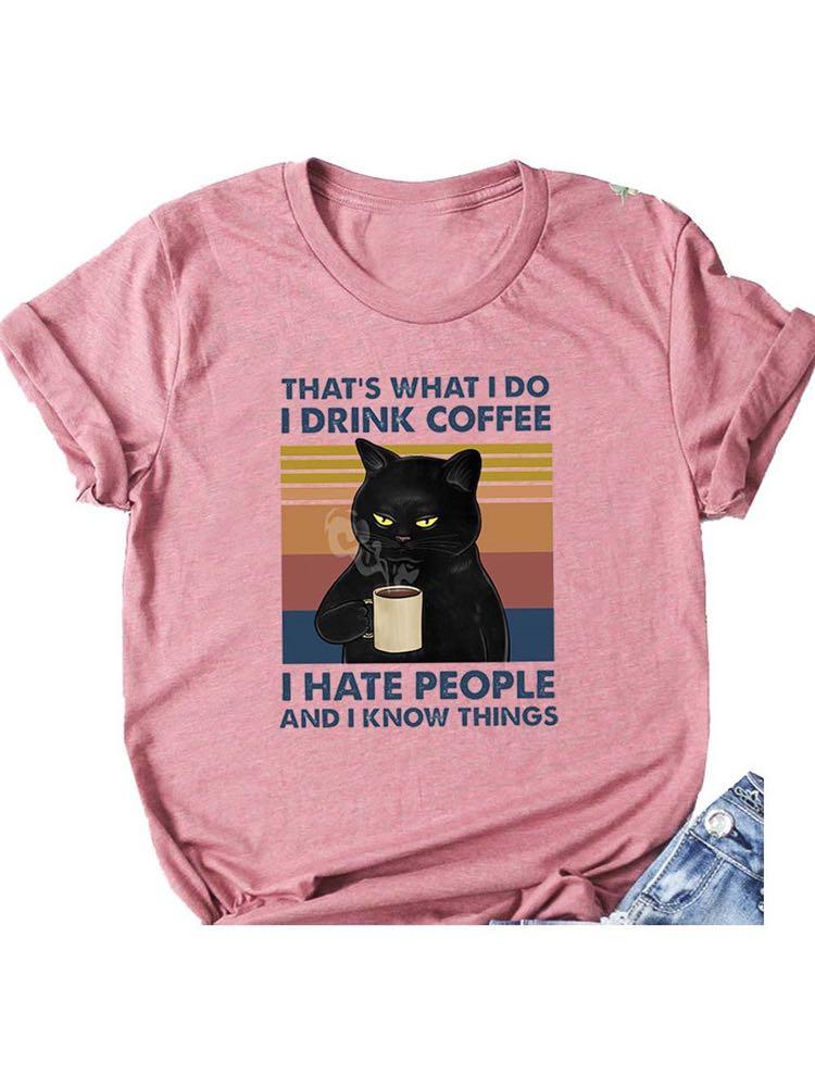 Women's Coffee Cat Print Casual Loose T-Shirt - T-Shirts - INS | Online Fashion Free Shipping Clothing, Dresses, Tops, Shoes - 02/22/2021 - 2XL - 3XL