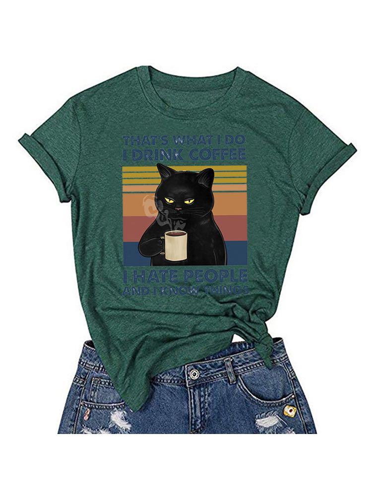 Women's Coffee Cat Print Casual Loose T-Shirt - T-Shirts - INS | Online Fashion Free Shipping Clothing, Dresses, Tops, Shoes - 02/22/2021 - 2XL - 3XL