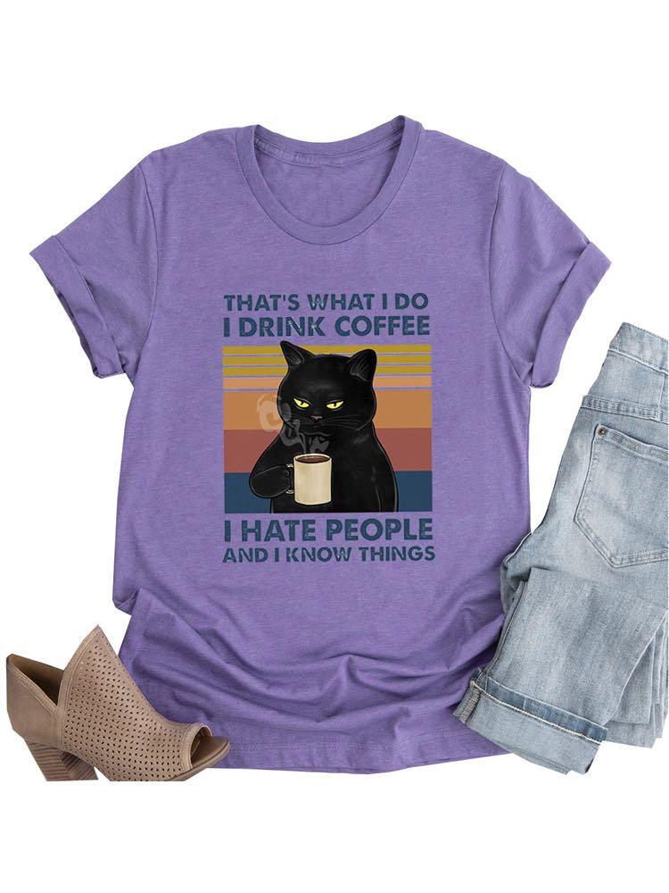 Women's Coffee Cat Print Casual Loose T-Shirt - T-Shirts - INS | Online Fashion Free Shipping Clothing, Dresses, Tops, Shoes - 02/22/2021 - 2XL - 3XL