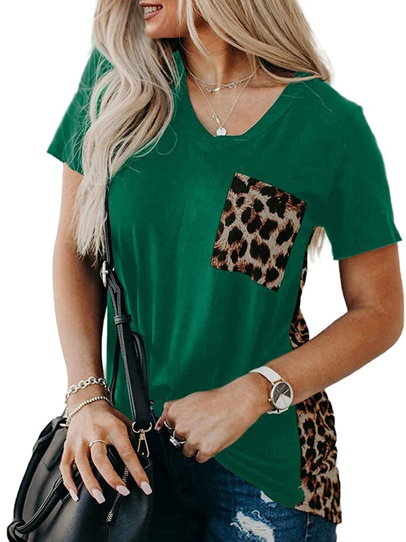 Women’s Crew Neck Leopard Color Block Short Top Casual Loose Blouse Shirts with Pocket - T-Shirts - INS | Online Fashion Free Shipping Clothing, Dresses, Tops, Shoes - "Green - 16/03/2021 - 2XL
