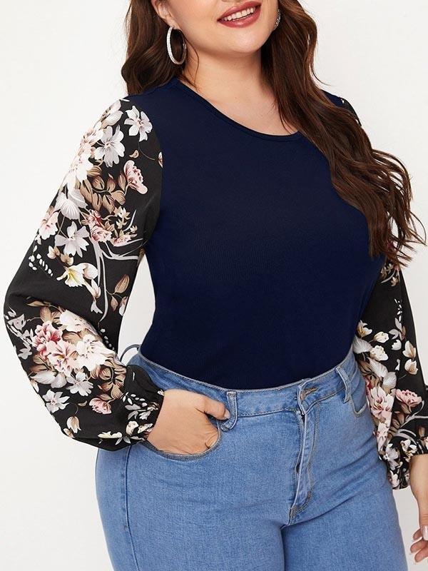 Women's Crewneck Plus-size T-shirt With Floral Print Sleeves - CURVE+PLUS - INS | Online Fashion Free Shipping Clothing, Dresses, Tops, Shoes - 2XL - 3XL - 4XL