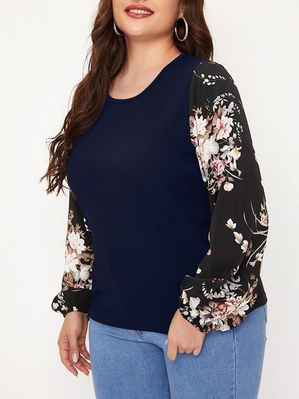 Women's Crewneck Plus-size T-shirt With Floral Print Sleeves - CURVE+PLUS - INS | Online Fashion Free Shipping Clothing, Dresses, Tops, Shoes - 2XL - 3XL - 4XL