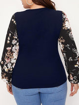 Women's Crewneck Plus-size T-shirt With Floral Print Sleeves - CURVE+PLUS - INS | Online Fashion Free Shipping Clothing, Dresses, Tops, Shoes - 2XL - 3XL - 4XL