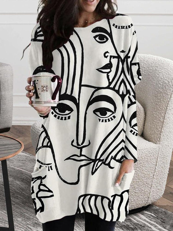 Women's Dresses Abstract Face Print Round Neck Pocket Long Sleeve Dress - Mini Dresses - INS | Online Fashion Free Shipping Clothing, Dresses, Tops, Shoes - 07/09/2021 - 20-30 - Category_Mini Dresses