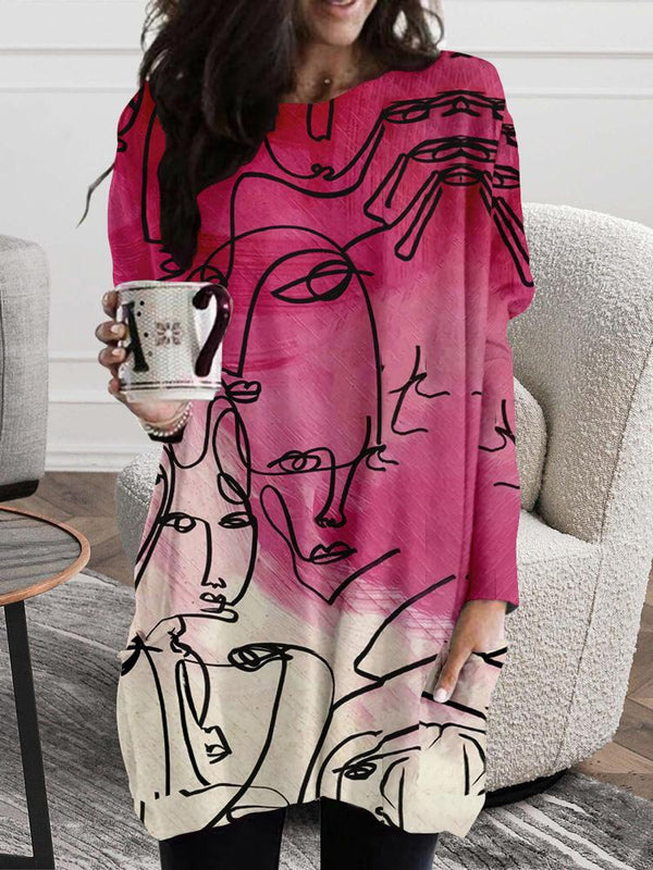 Women's Dresses Abstract Face Print Round Neck Pocket Long Sleeve Dress - Mini Dresses - INS | Online Fashion Free Shipping Clothing, Dresses, Tops, Shoes - 07/09/2021 - 20-30 - Category_Mini Dresses