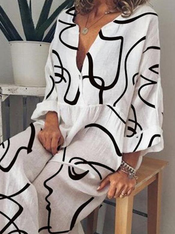 Women's Dresses Abstract Face Print V-Neck Long Sleeve Dress - Maxi Dresses - INS | Online Fashion Free Shipping Clothing, Dresses, Tops, Shoes - 06/09/2021 - 30-40 - Category_Maxi Dresses