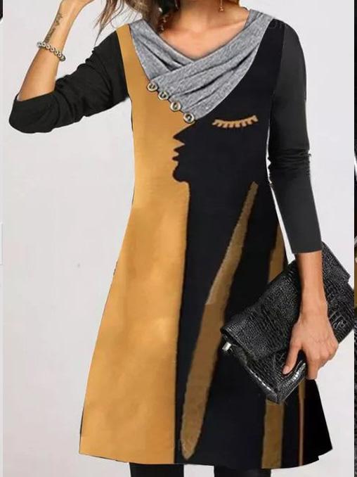 Women's Dresses Abstract Print Long Sleeve Scarf Collar Dress - Midi Dresses - INS | Online Fashion Free Shipping Clothing, Dresses, Tops, Shoes - 13/09/2021 - 20-30 - Category_Midi Dresses