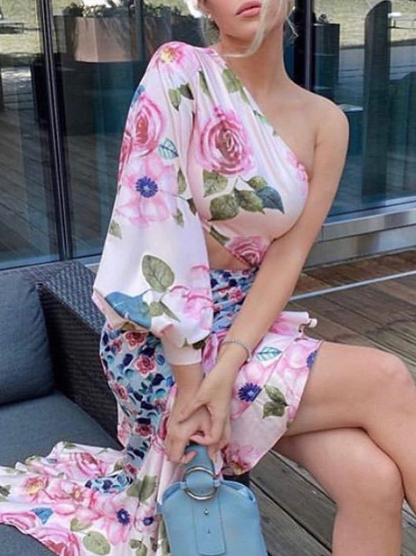 Women's Dresses Asymmetric Off Shoulder One-Sleeve Flower Ruffled Dress - Midi Dresses - INS | Online Fashion Free Shipping Clothing, Dresses, Tops, Shoes - 23/09/2021 - 40-50 - color-pink