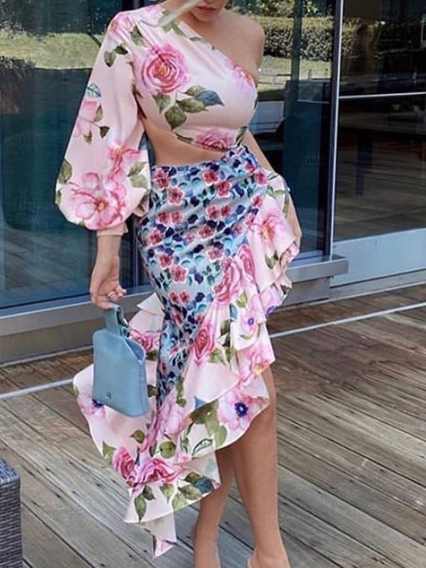 Women's Dresses Asymmetric Off Shoulder One-Sleeve Flower Ruffled Dress - Midi Dresses - INS | Online Fashion Free Shipping Clothing, Dresses, Tops, Shoes - 23/09/2021 - 40-50 - color-pink