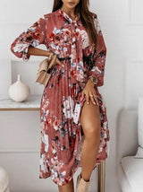 Women's Dresses Belted Chiffon Long Sleeve Floral Pleated Dress - Midi Dresses - INS | Online Fashion Free Shipping Clothing, Dresses, Tops, Shoes - 23/09/2021 - 30-40 - color-black