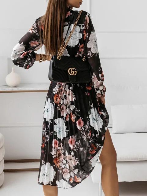 Women's Dresses Belted Chiffon Long Sleeve Floral Pleated Dress - Midi Dresses - INS | Online Fashion Free Shipping Clothing, Dresses, Tops, Shoes - 23/09/2021 - 30-40 - color-black