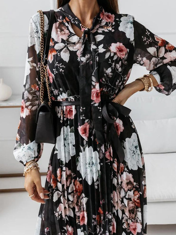 Women's Dresses Belted Chiffon Long Sleeve Floral Pleated Dress - Midi Dresses - INS | Online Fashion Free Shipping Clothing, Dresses, Tops, Shoes - 23/09/2021 - 30-40 - color-black