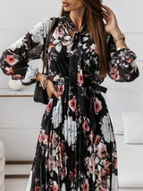 Women's Dresses Belted Chiffon Long Sleeve Floral Pleated Dress - Midi Dresses - INS | Online Fashion Free Shipping Clothing, Dresses, Tops, Shoes - 23/09/2021 - 30-40 - color-black