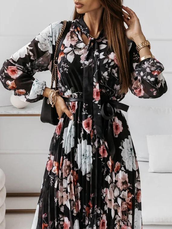 Women's Dresses Belted Chiffon Long Sleeve Floral Pleated Dress - Midi Dresses - INS | Online Fashion Free Shipping Clothing, Dresses, Tops, Shoes - 23/09/2021 - 30-40 - color-black