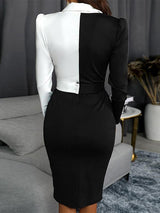 Women's Dresses Black White Stitching Long Sleeve Slim Suit Dress - Midi Dresses - INS | Online Fashion Free Shipping Clothing, Dresses, Tops, Shoes - 27/09/2021 - Color_Black - DRE2109272683