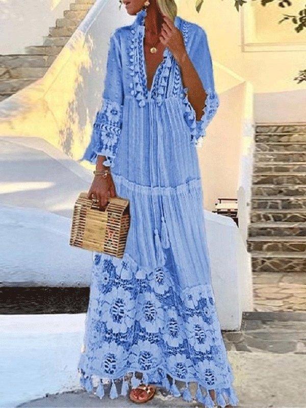 Women's Dresses Bohemian Lace Fringed Temperament Dress - Maxi Dresses - INS | Online Fashion Free Shipping Clothing, Dresses, Tops, Shoes - 03/09/2021 - Category_Maxi Dresses - color-blue