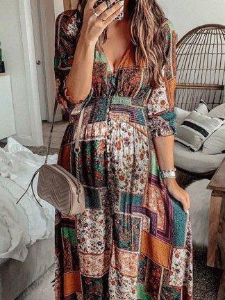 Women's Dresses Bohemian Print V-Neck Long Sleeve Dress - Maxi Dresses - INS | Online Fashion Free Shipping Clothing, Dresses, Tops, Shoes - 29/10/2021 - 30-40 - color-multi