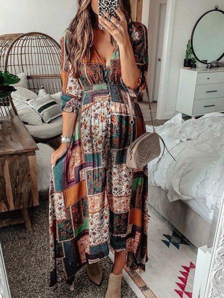 Women's Dresses Bohemian Print V-Neck Long Sleeve Dress - Maxi Dresses - INS | Online Fashion Free Shipping Clothing, Dresses, Tops, Shoes - 29/10/2021 - 30-40 - color-multi