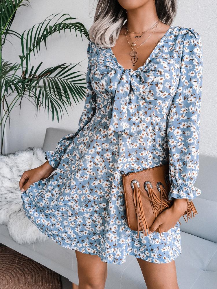 Women's Dresses Bowknot Floral Chiffon Long Sleeve Dress - Mini Dresses - INS | Online Fashion Free Shipping Clothing, Dresses, Tops, Shoes - 20-30 - 26/08/2021 - Category_Mini Dresses