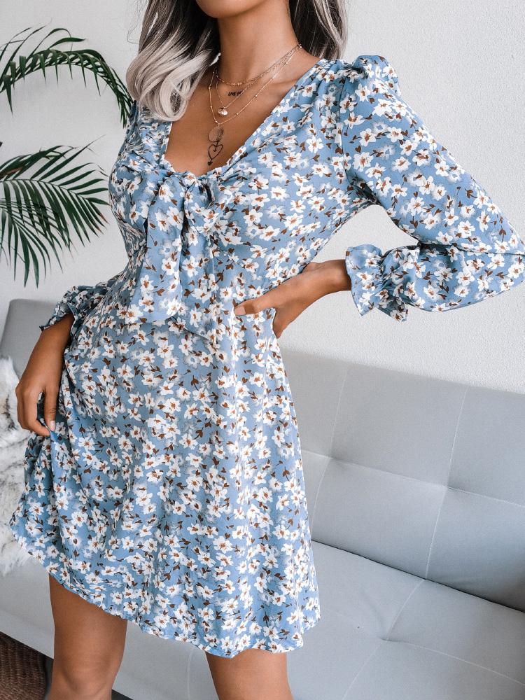 Women's Dresses Bowknot Floral Chiffon Long Sleeve Dress - Mini Dresses - INS | Online Fashion Free Shipping Clothing, Dresses, Tops, Shoes - 20-30 - 26/08/2021 - Category_Mini Dresses