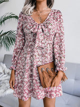 Women's Dresses Bowknot Floral Chiffon Long Sleeve Dress - Mini Dresses - INS | Online Fashion Free Shipping Clothing, Dresses, Tops, Shoes - 20-30 - 26/08/2021 - Category_Mini Dresses