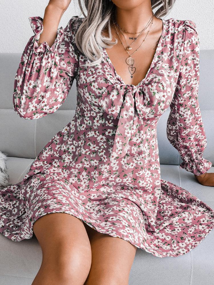 Women's Dresses Bowknot Floral Chiffon Long Sleeve Dress - Mini Dresses - INS | Online Fashion Free Shipping Clothing, Dresses, Tops, Shoes - 20-30 - 26/08/2021 - Category_Mini Dresses