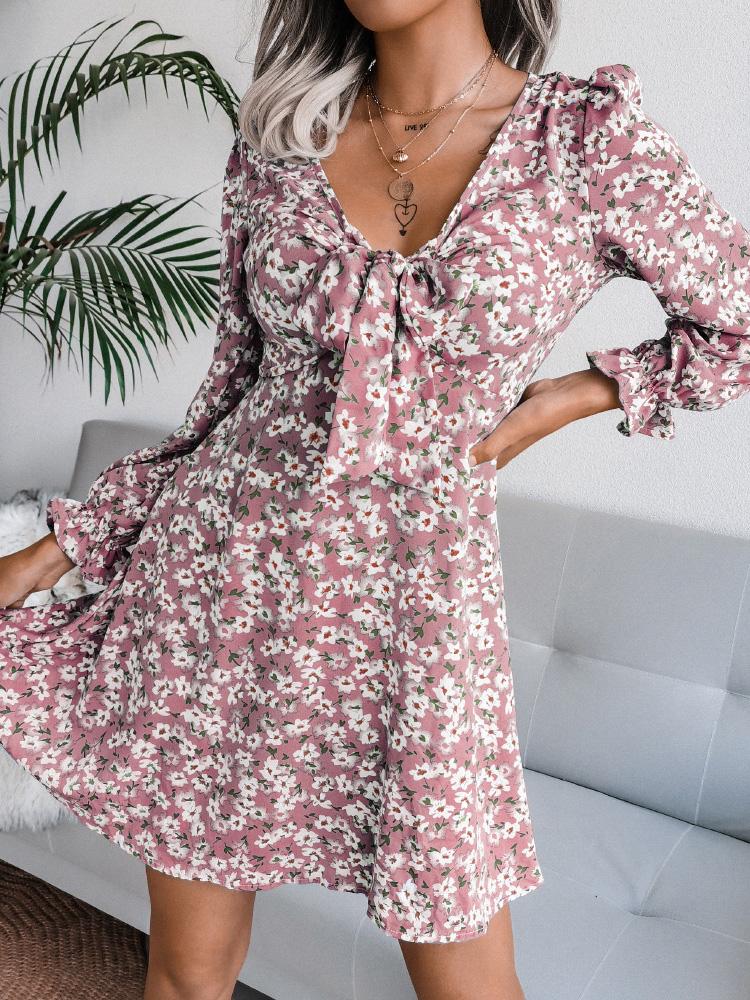 Women's Dresses Bowknot Floral Chiffon Long Sleeve Dress - Mini Dresses - INS | Online Fashion Free Shipping Clothing, Dresses, Tops, Shoes - 20-30 - 26/08/2021 - Category_Mini Dresses