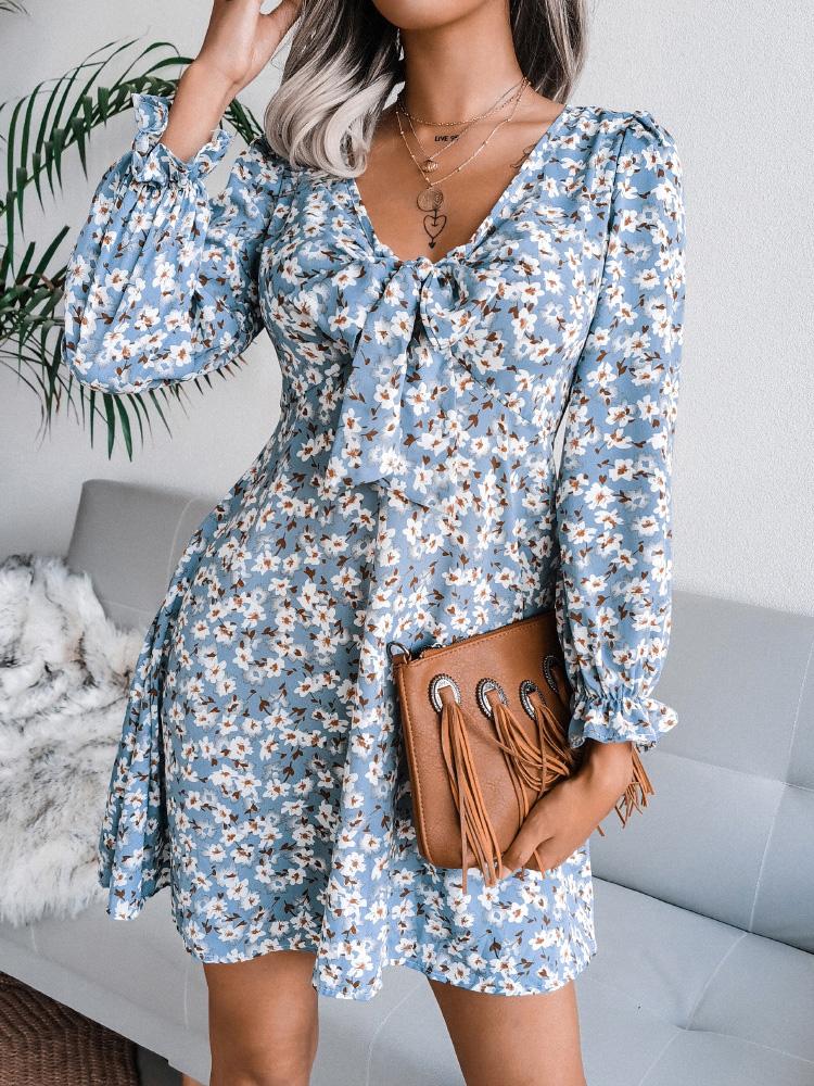 Women's Dresses Bowknot Floral Chiffon Long Sleeve Dress - Mini Dresses - INS | Online Fashion Free Shipping Clothing, Dresses, Tops, Shoes - 20-30 - 26/08/2021 - Category_Mini Dresses