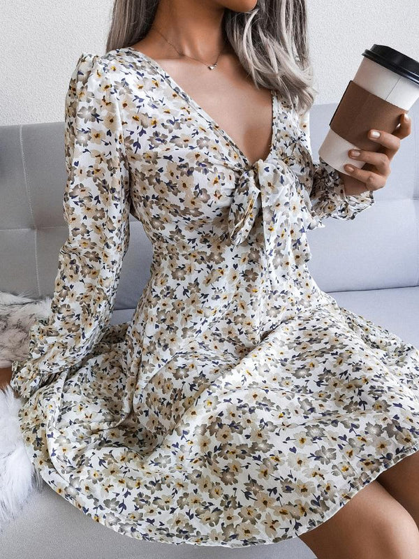 Women's Dresses Bowknot Floral Chiffon Long Sleeve Dress - Mini Dresses - INS | Online Fashion Free Shipping Clothing, Dresses, Tops, Shoes - 20-30 - 26/08/2021 - Category_Mini Dresses