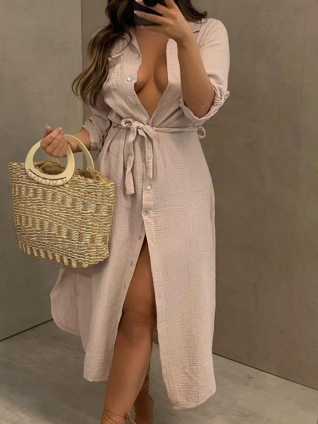 Women's Dresses Buttoned Long Sleeve Belted Shirt Dress - Midi Dresses - INS | Online Fashion Free Shipping Clothing, Dresses, Tops, Shoes - 14/09/2021 - 30-40 - Category_Midi Dresses