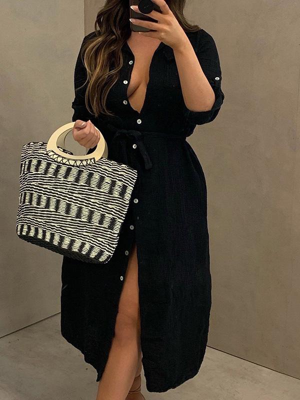 Women's Dresses Buttoned Long Sleeve Belted Shirt Dress - Midi Dresses - INS | Online Fashion Free Shipping Clothing, Dresses, Tops, Shoes - 14/09/2021 - 30-40 - Category_Midi Dresses