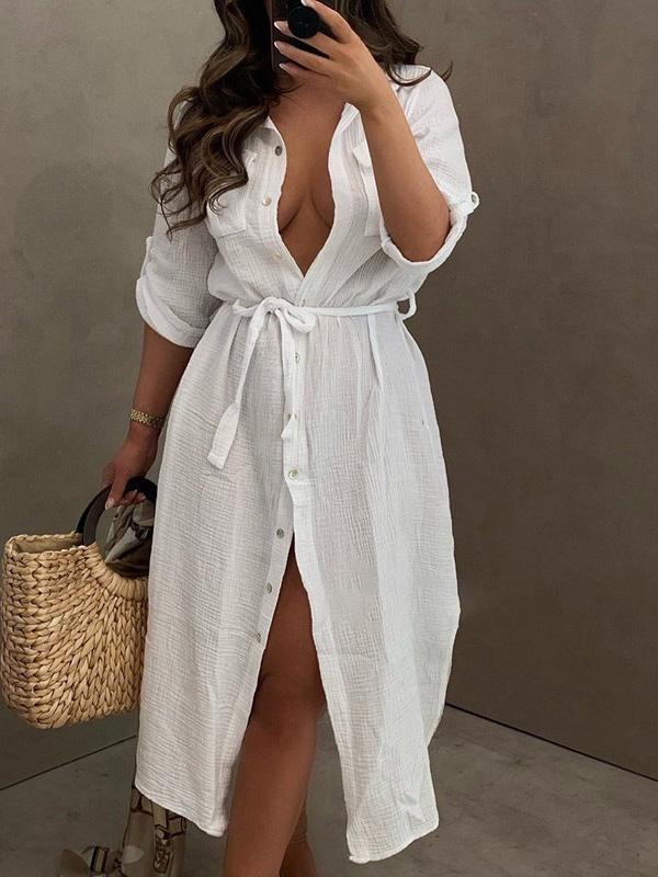 Women's Dresses Buttoned Long Sleeve Belted Shirt Dress - Midi Dresses - INS | Online Fashion Free Shipping Clothing, Dresses, Tops, Shoes - 14/09/2021 - 30-40 - Category_Midi Dresses