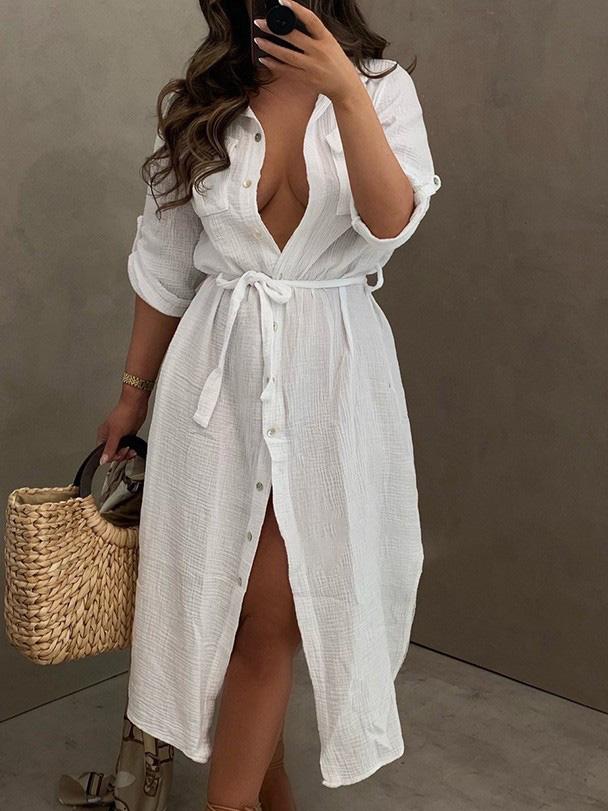 Women's Dresses Buttoned Long Sleeve Belted Shirt Dress - Midi Dresses - INS | Online Fashion Free Shipping Clothing, Dresses, Tops, Shoes - 14/09/2021 - 30-40 - Category_Midi Dresses