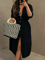 Women's Dresses Buttoned Long Sleeve Belted Shirt Dress - Midi Dresses - INS | Online Fashion Free Shipping Clothing, Dresses, Tops, Shoes - 14/09/2021 - 30-40 - Category_Midi Dresses