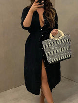 Women's Dresses Buttoned Long Sleeve Belted Shirt Dress - Midi Dresses - INS | Online Fashion Free Shipping Clothing, Dresses, Tops, Shoes - 14/09/2021 - 30-40 - Category_Midi Dresses