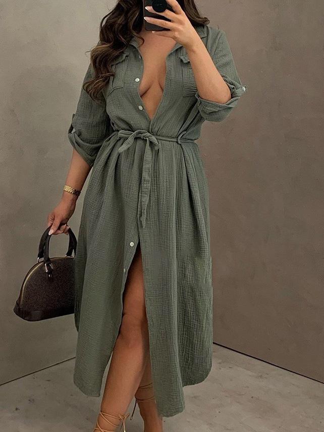 Women's Dresses Buttoned Long Sleeve Belted Shirt Dress - Midi Dresses - INS | Online Fashion Free Shipping Clothing, Dresses, Tops, Shoes - 14/09/2021 - 30-40 - Category_Midi Dresses