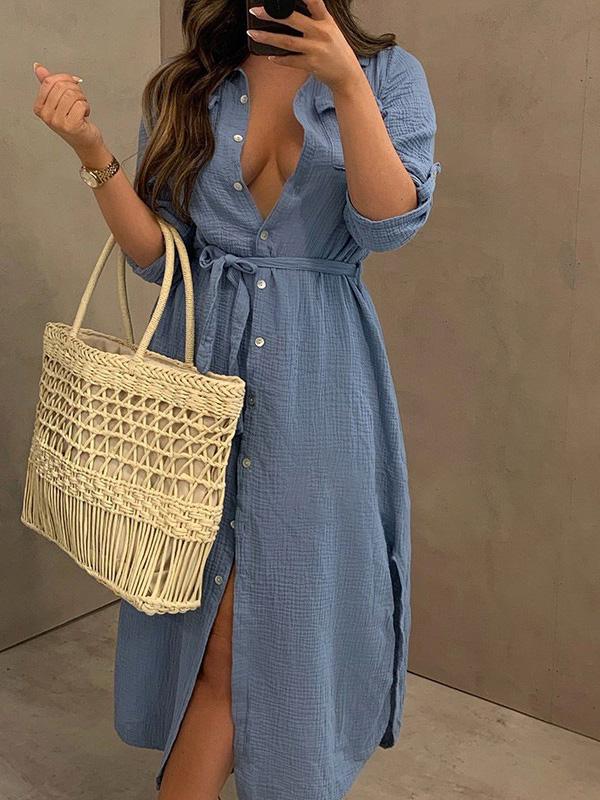 Women's Dresses Buttoned Long Sleeve Belted Shirt Dress - Midi Dresses - INS | Online Fashion Free Shipping Clothing, Dresses, Tops, Shoes - 14/09/2021 - 30-40 - Category_Midi Dresses