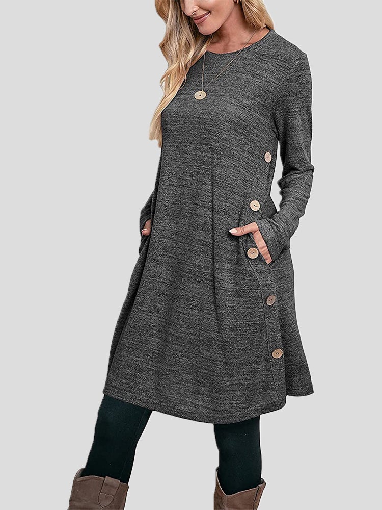 Women's Dresses Buttoned Round Neck Long Sleeve Dress - Midi Dresses - Instastyled | Online Fashion Free Shipping Clothing, Dresses, Tops, Shoes - 21/12/2021 - 30-40 - Casual Dresses