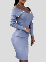 Women's Dresses Buttoned V-Neck Long Sleeve Skinny Dress - Midi Dresses - INS | Online Fashion Free Shipping Clothing, Dresses, Tops, Shoes - 17/11/2021 - 20-30 - Bodycon Dresses