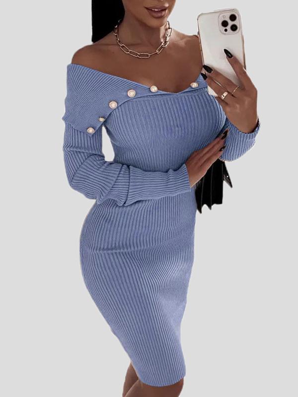 Women's Dresses Buttoned V-Neck Long Sleeve Skinny Dress - Midi Dresses - INS | Online Fashion Free Shipping Clothing, Dresses, Tops, Shoes - 17/11/2021 - 20-30 - Bodycon Dresses