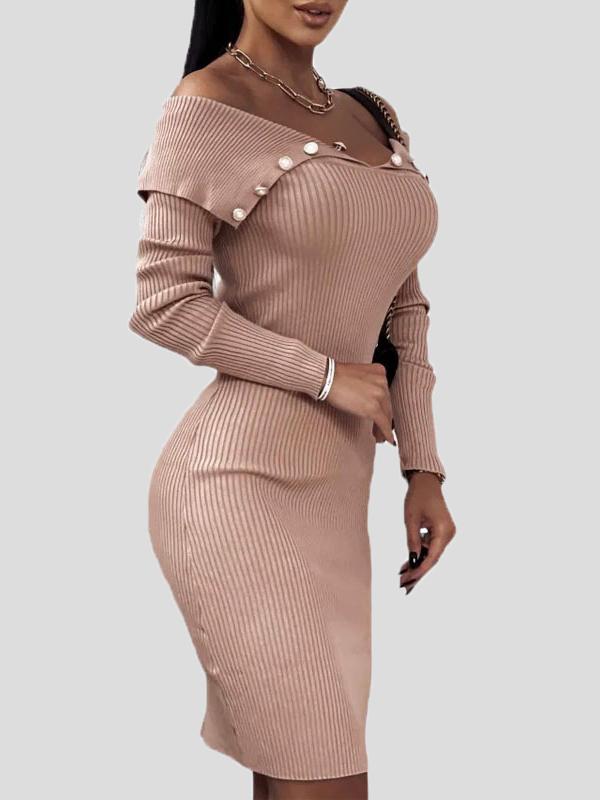 Women's Dresses Buttoned V-Neck Long Sleeve Skinny Dress - Midi Dresses - INS | Online Fashion Free Shipping Clothing, Dresses, Tops, Shoes - 17/11/2021 - 20-30 - Bodycon Dresses