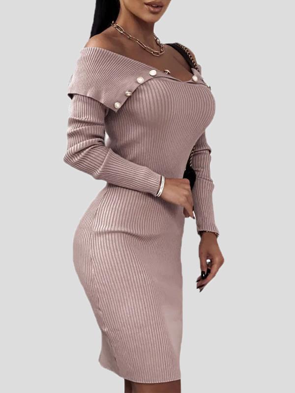 Women's Dresses Buttoned V-Neck Long Sleeve Skinny Dress - Midi Dresses - INS | Online Fashion Free Shipping Clothing, Dresses, Tops, Shoes - 17/11/2021 - 20-30 - Bodycon Dresses