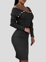 Women's Dresses Buttoned V-Neck Long Sleeve Skinny Dress - Midi Dresses - INS | Online Fashion Free Shipping Clothing, Dresses, Tops, Shoes - 17/11/2021 - 20-30 - Bodycon Dresses