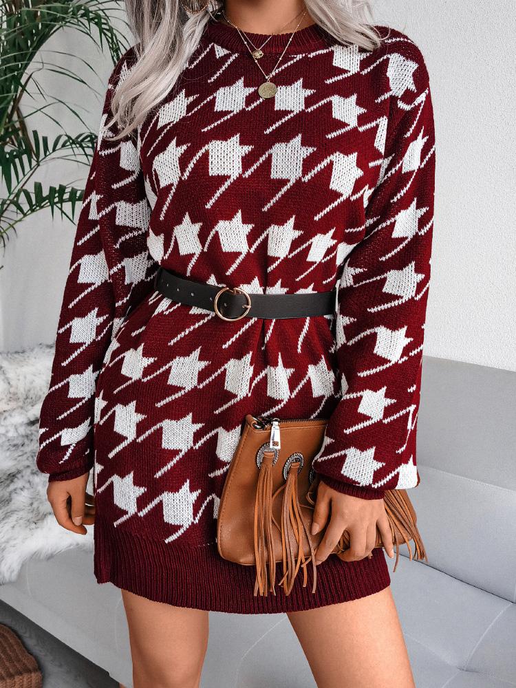 Women's Dresses Casual Long Sleeve Houndstooth Knitted Sweater Dress - Mini Dresses - INS | Online Fashion Free Shipping Clothing, Dresses, Tops, Shoes - 26/08/2021 - 30-40 - Category_Mini Dresses