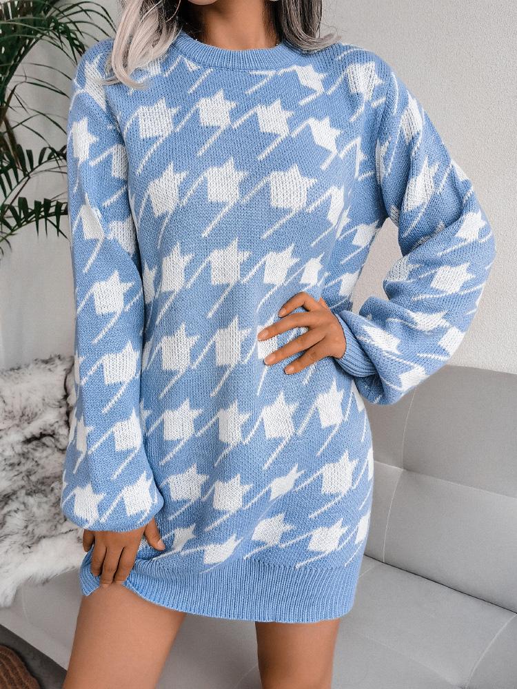 Women's Dresses Casual Long Sleeve Houndstooth Knitted Sweater Dress - Mini Dresses - INS | Online Fashion Free Shipping Clothing, Dresses, Tops, Shoes - 26/08/2021 - 30-40 - Category_Mini Dresses