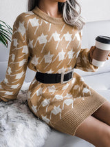 Women's Dresses Casual Long Sleeve Houndstooth Knitted Sweater Dress - Mini Dresses - INS | Online Fashion Free Shipping Clothing, Dresses, Tops, Shoes - 26/08/2021 - 30-40 - Category_Mini Dresses